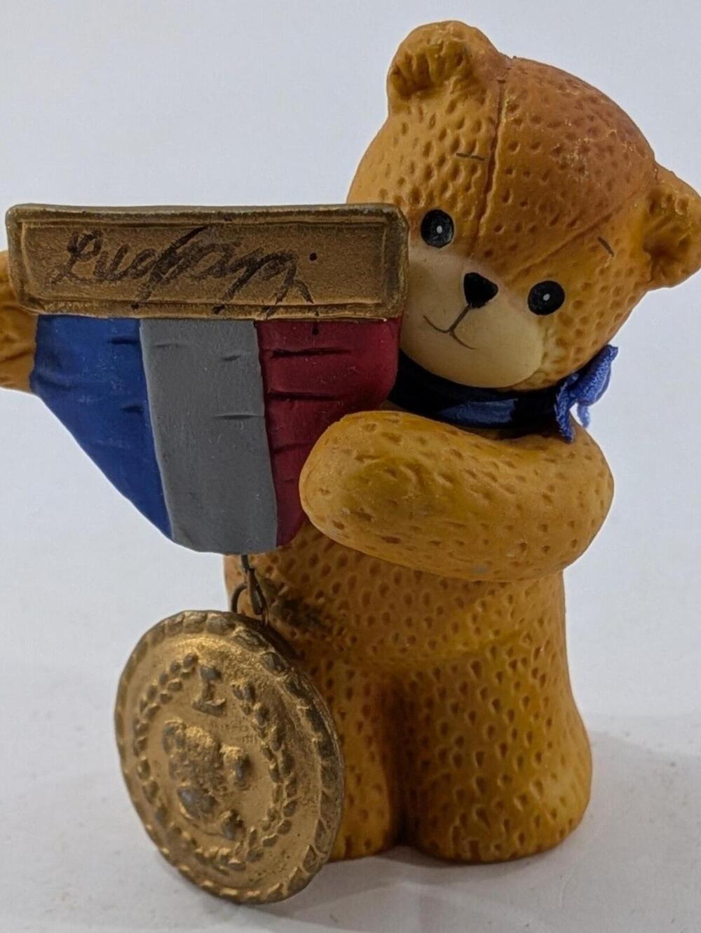 Vintage Lucy & Me Teddy Bear Figurine 1993 Enesco Lucky France Medal Blue Ribbon